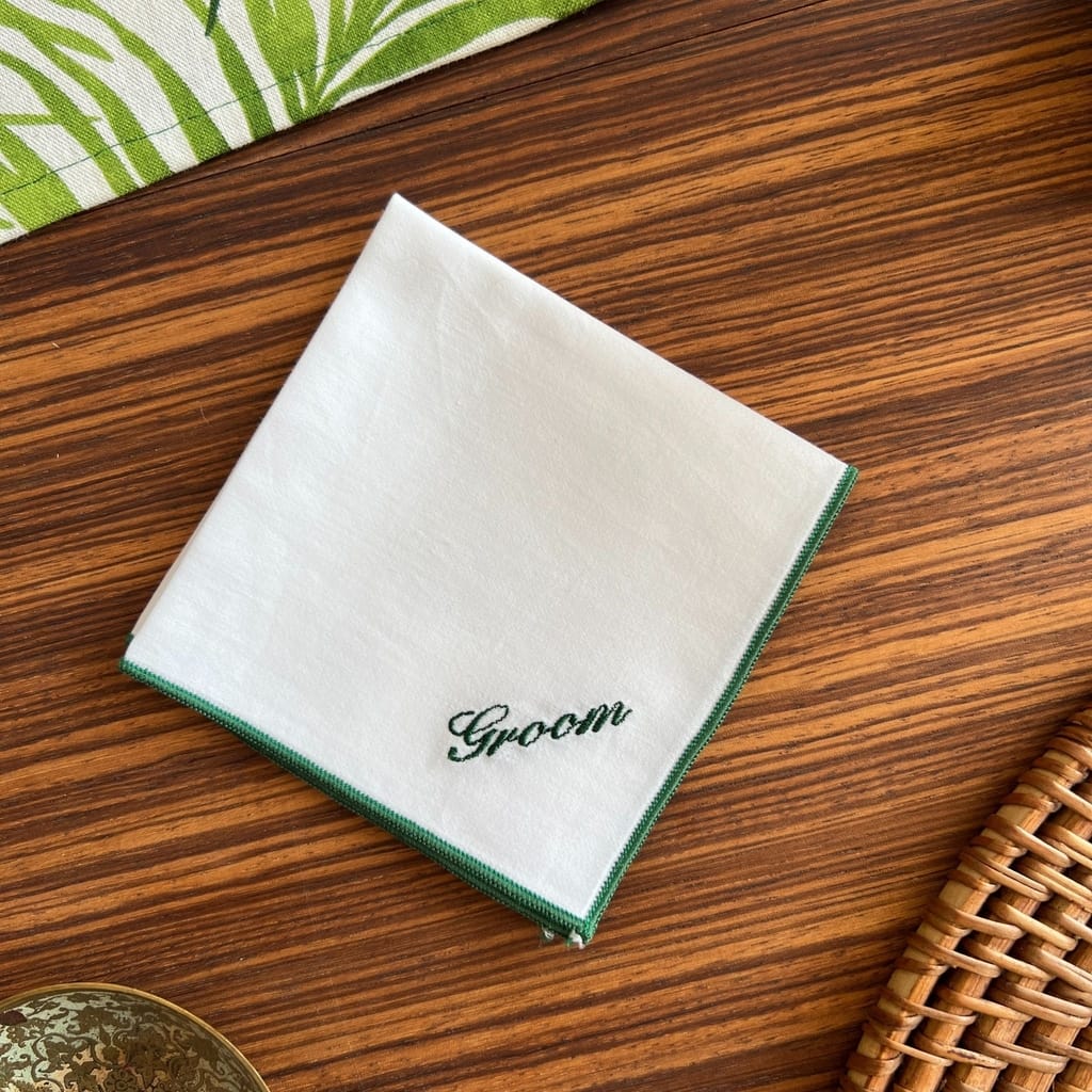 groom handkerchief - white silky cotton and green hem plus embroidered word