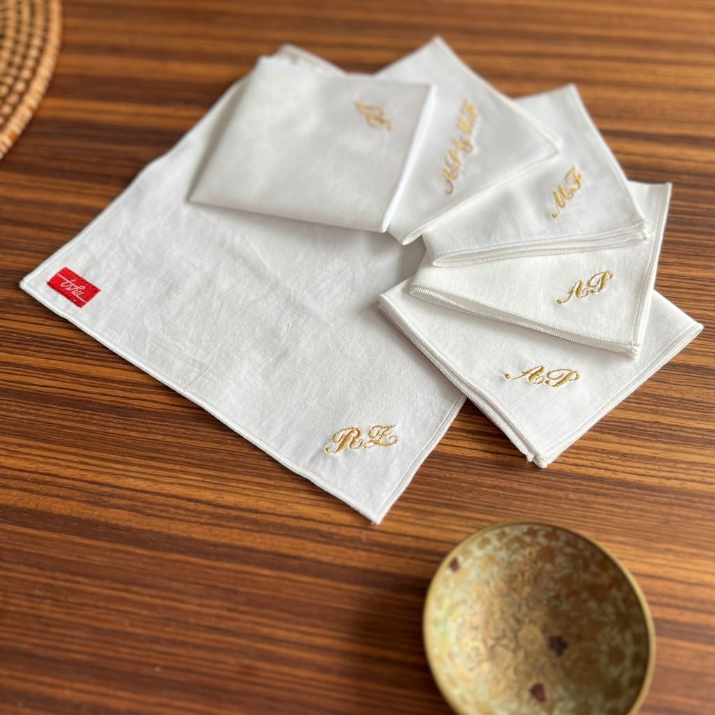 white handkerchiefs with gold monogram