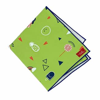 green handkerchief with blue rolled edge and emoji print