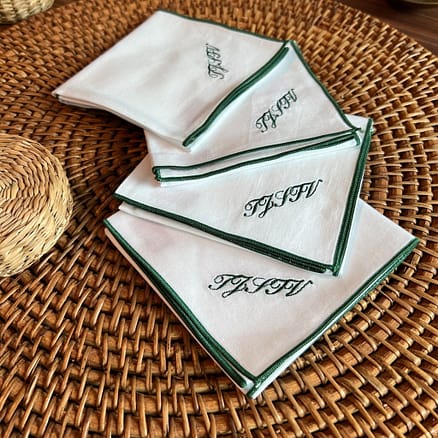 green cursive monogrammed handkerchief featuring white organic cotton