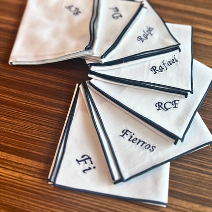 embroidered white handkerchiefs with blue monogram and names